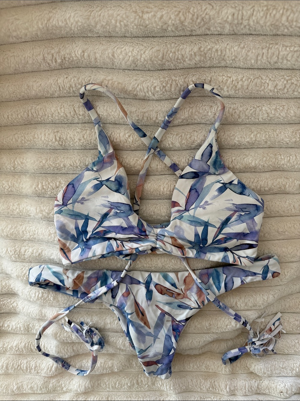 Midori Multicolor Floral Tie-Back Bikini in Blue and Cream